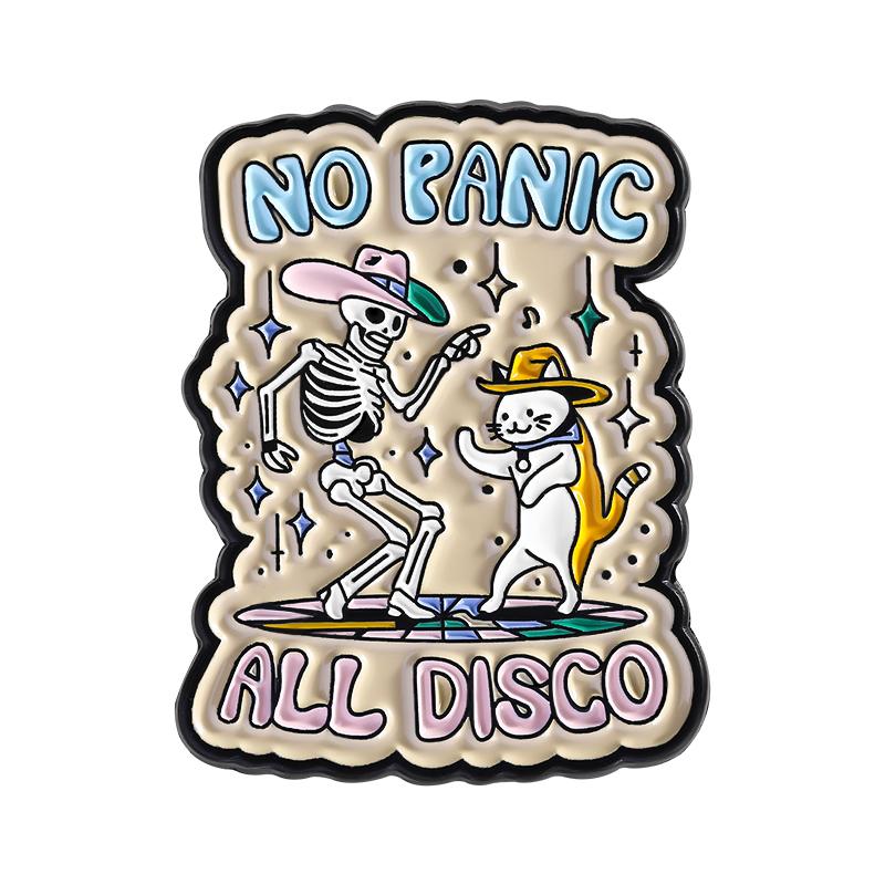

NO PANIC ALL DISCO Enamel Pins Custom Skeleton Cat Dancing Brooches Lapel Badges Clothes Punk Animal Jewelry Gift for Friends
