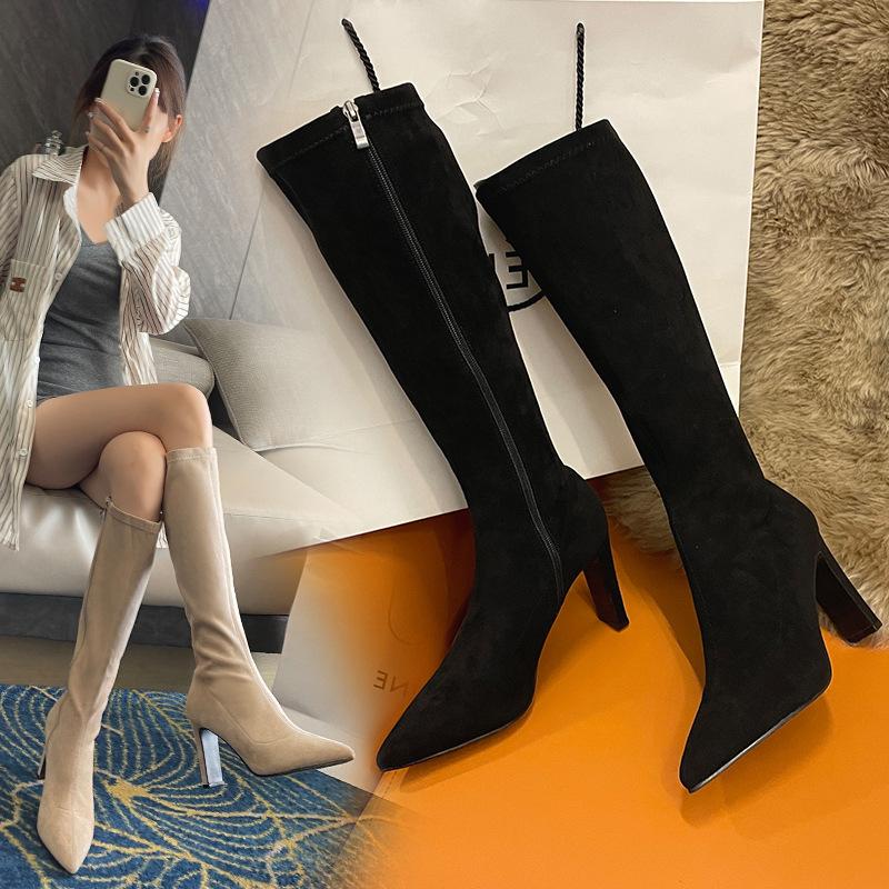 2025 New Pointed Thin High-heeled Boots Women's Thick Heels But Knee Boots Suede Bare Boots Elastic Thin Boots
