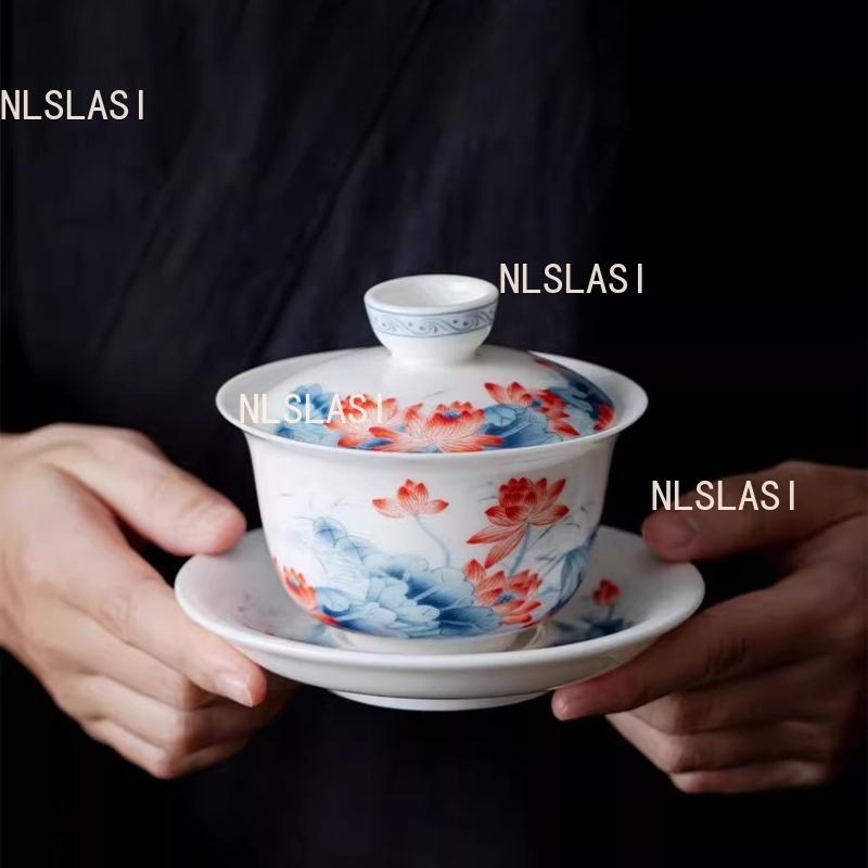 Jingdezhen Covered Bowl Sheep Fat Jade Tea Bowl Hoverable Tea Cup with Lid Chinese Underglaze Colored White Porcelain Teaset