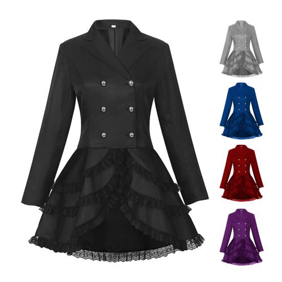 Women Double Breasted Victorian Steampunk Blazer Coat Gothic Tuxedo Tailcoat Jacket with Lace Hem Halloween Wedding Uniform Costume