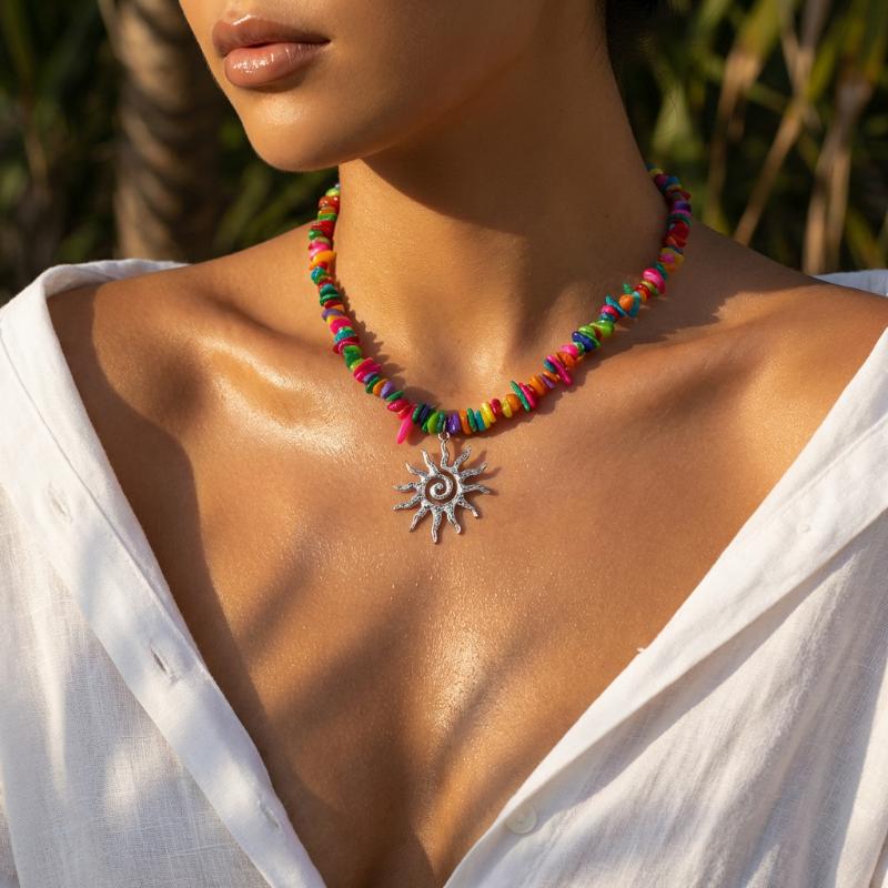 1Pcs Vintage Silver Color Sun Pendant Necklaces Bohemian Rainbow Beaded Choker Necklace For Women Summer Beach Jewelry Gift
