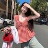 Summer 2026 Red Plaid Flutter Sleeve Square Neck Slimming Blouse for Women