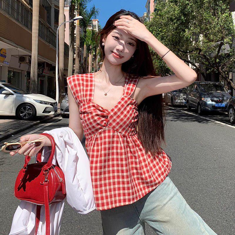 Summer 2026 Red Plaid Flutter Sleeve Square Neck Slimming Blouse for Women