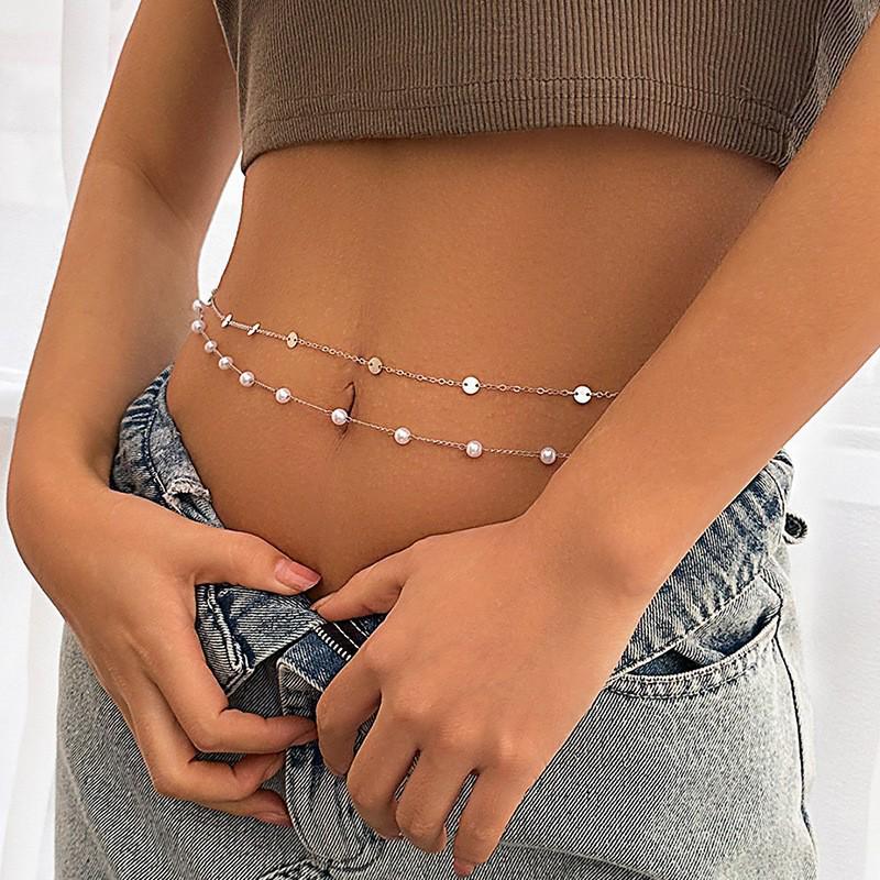 Double-Layer Faux Pearl & Metal Sequin Waist Chain - Stylish European & American Design