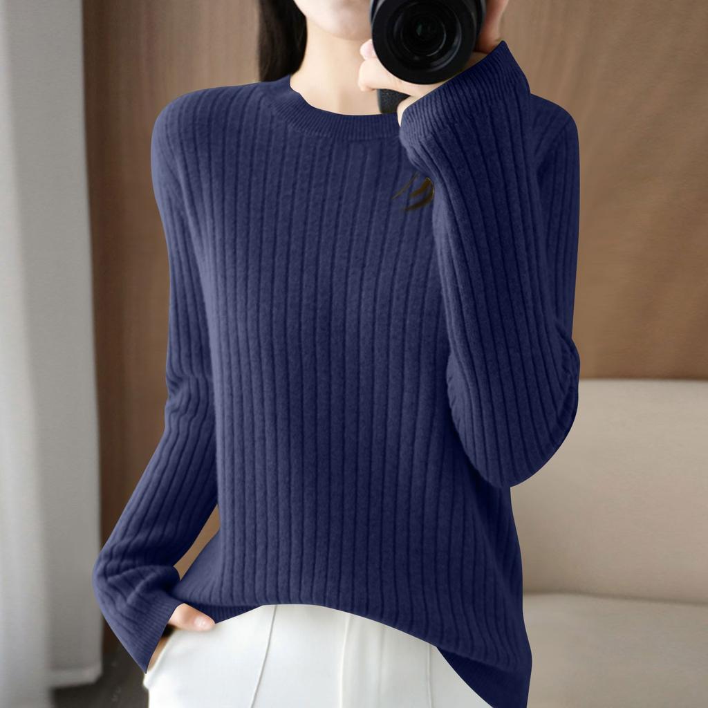 Damenmode Locker Gestrickter Pullover Unterhemd Rundhals Pullover Langarm Einfarbiges Oberteil