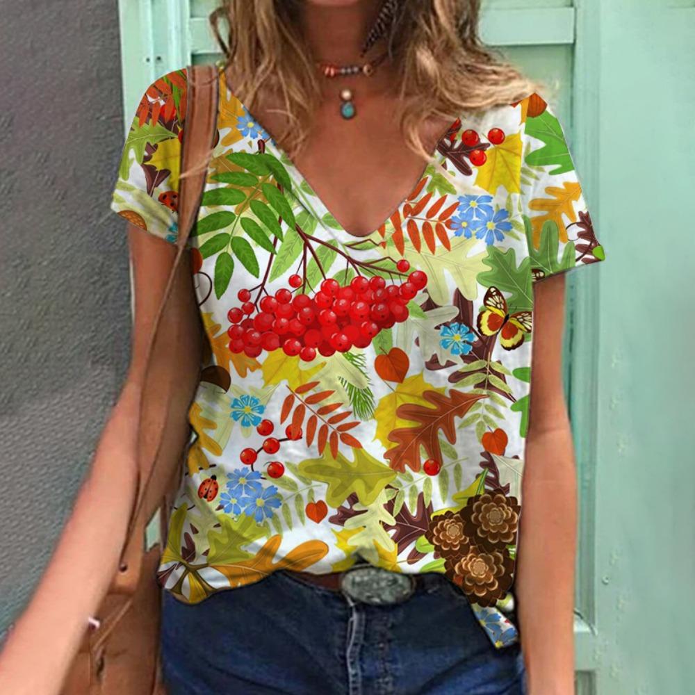 Tropical Plant Fruit 3D Printing T-shirt Summer Women's V-neck T-shirt Street Women's Clothing