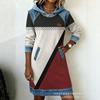 Elegant Women's Denim Hoodie Dress with Retro Print and Soft Patchwork Design