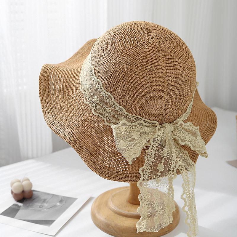 French Lace Bow Streamer Bucket Hat Women's Summer Outdoor Vacation Visor Retro Trendy Knitted Hat