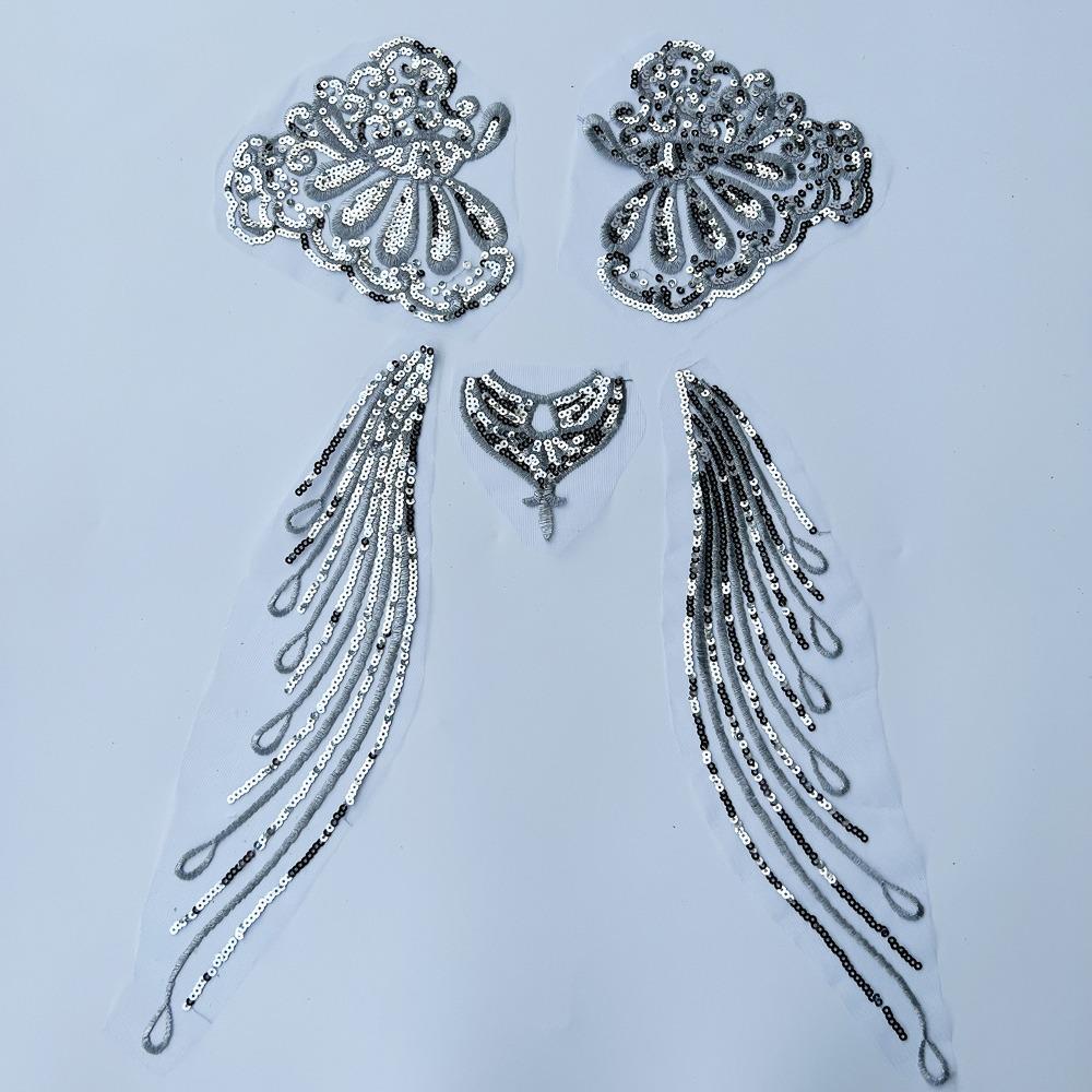 1 Set Gold Silver Sequin Lace Fabric Patch Embroidered Tassel Sequined Patch Bodice Collar Applique Elegant Organza Trim