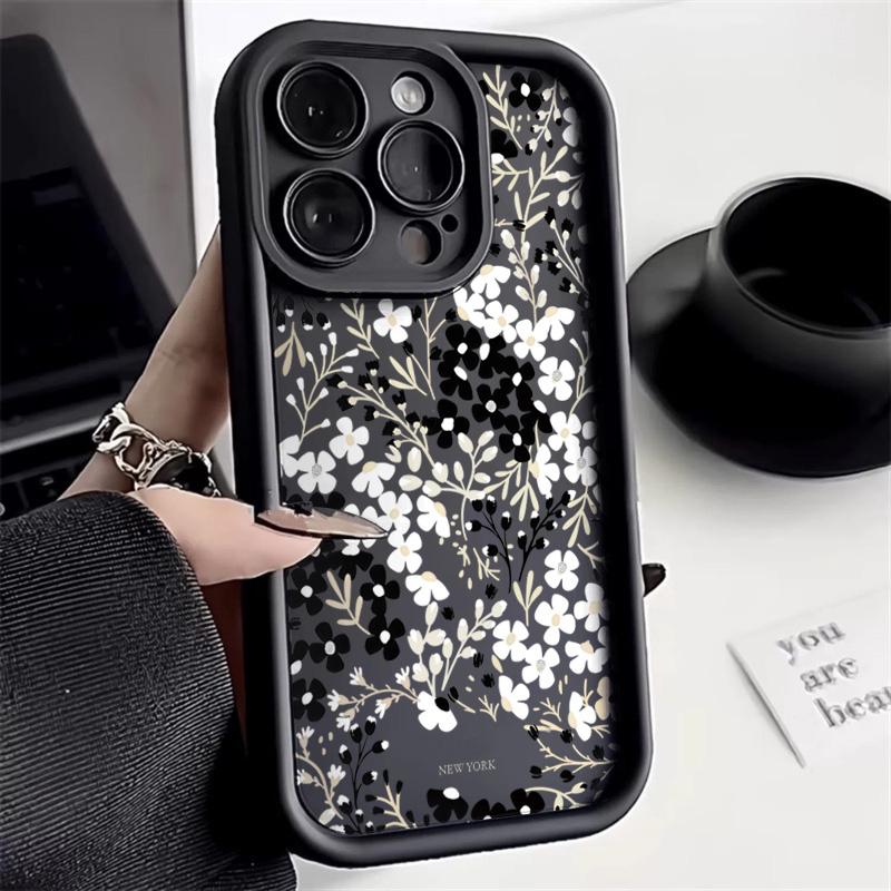 Black and White Flowers Phone Case For iPhone 17 Pro Max 16E 15 Pro 14 13 12 11 Mini AIR XS XR XS 8Plus Soft Silicone Cover