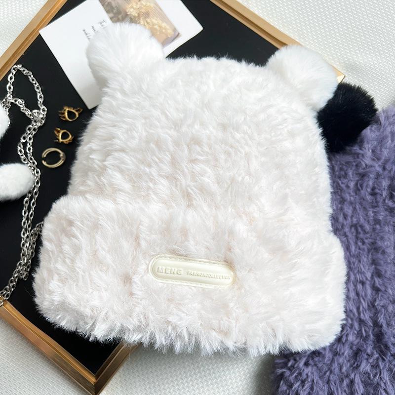 Pălărie de urs de pluș de toamnă și iarnă, șapcă nouă tricotată pentru femei, circumferința capului mare, căptușită cu blană, pălărie caldă de protecție a urechilor