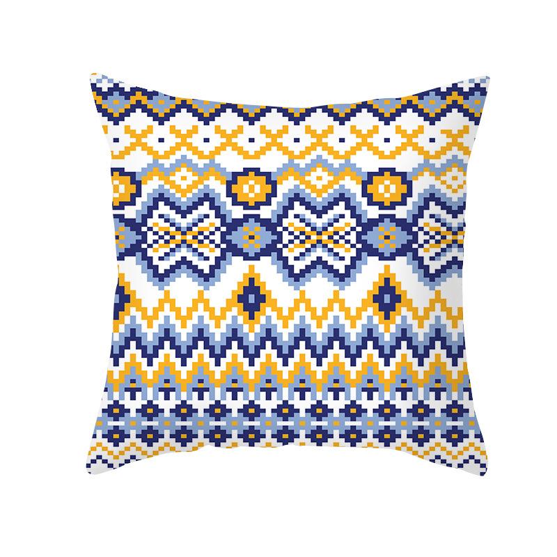 Ethnic Style Sofa Pillow Cover Blue Printed Peach Skin Pillow Cover Office Cushion