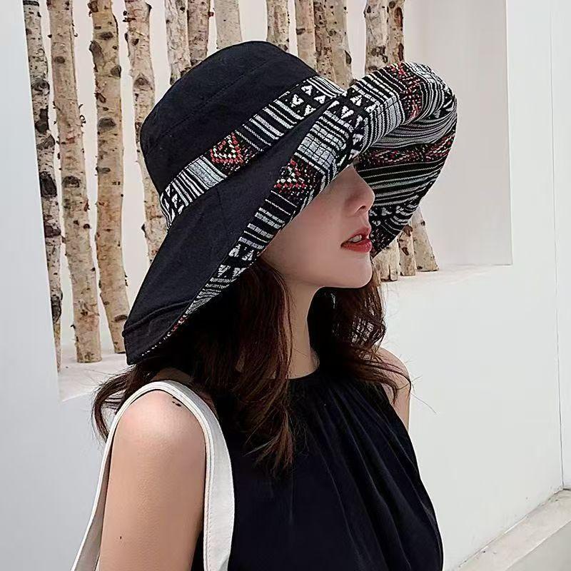 Hat women's summer big edge double-sided sunshade bucket hat Korean version versatile ethnic style travel sun protection Cap