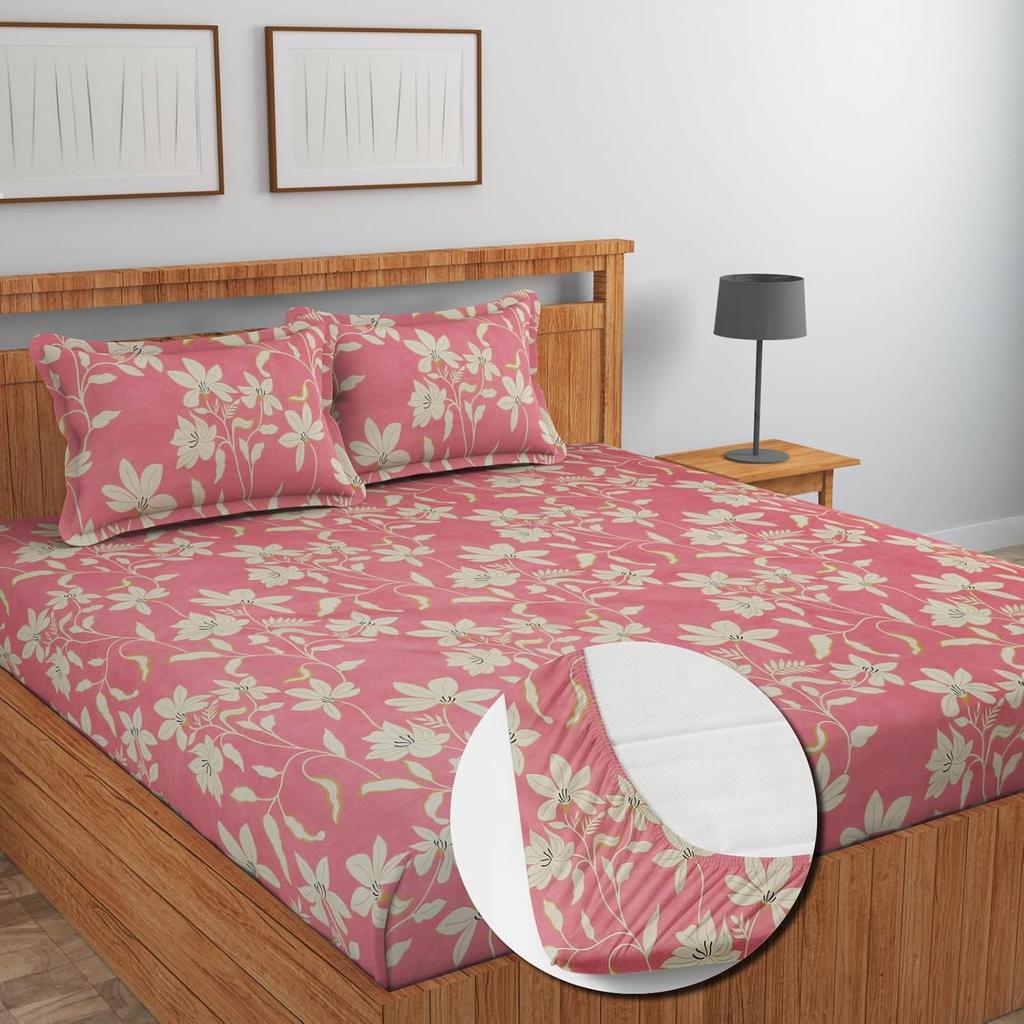 Premium Cotton Elastic Fitted Bedsheets  | Size: Bedsheet - 198.12CM x 182.88CM + 25.4CM (Drop) Pillow Cover -  46 cm x 68 cm