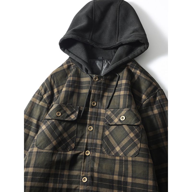 American Vintage Plaid Shirts Cotton-padded Jacket Outerwear Men's Winter Quilted Cargo Jacket Foreign Trade Men's Hood Shirt