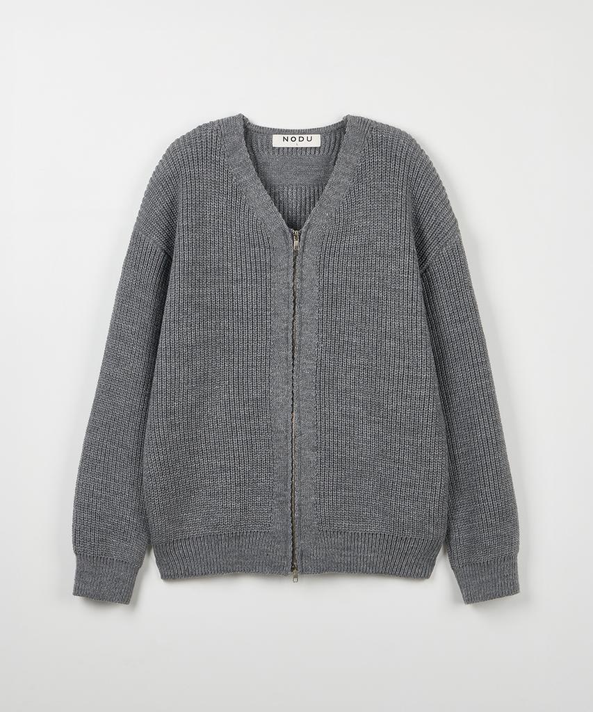 NODU Essential V-Neck Knit Zip-Up Cardigan [Gray]