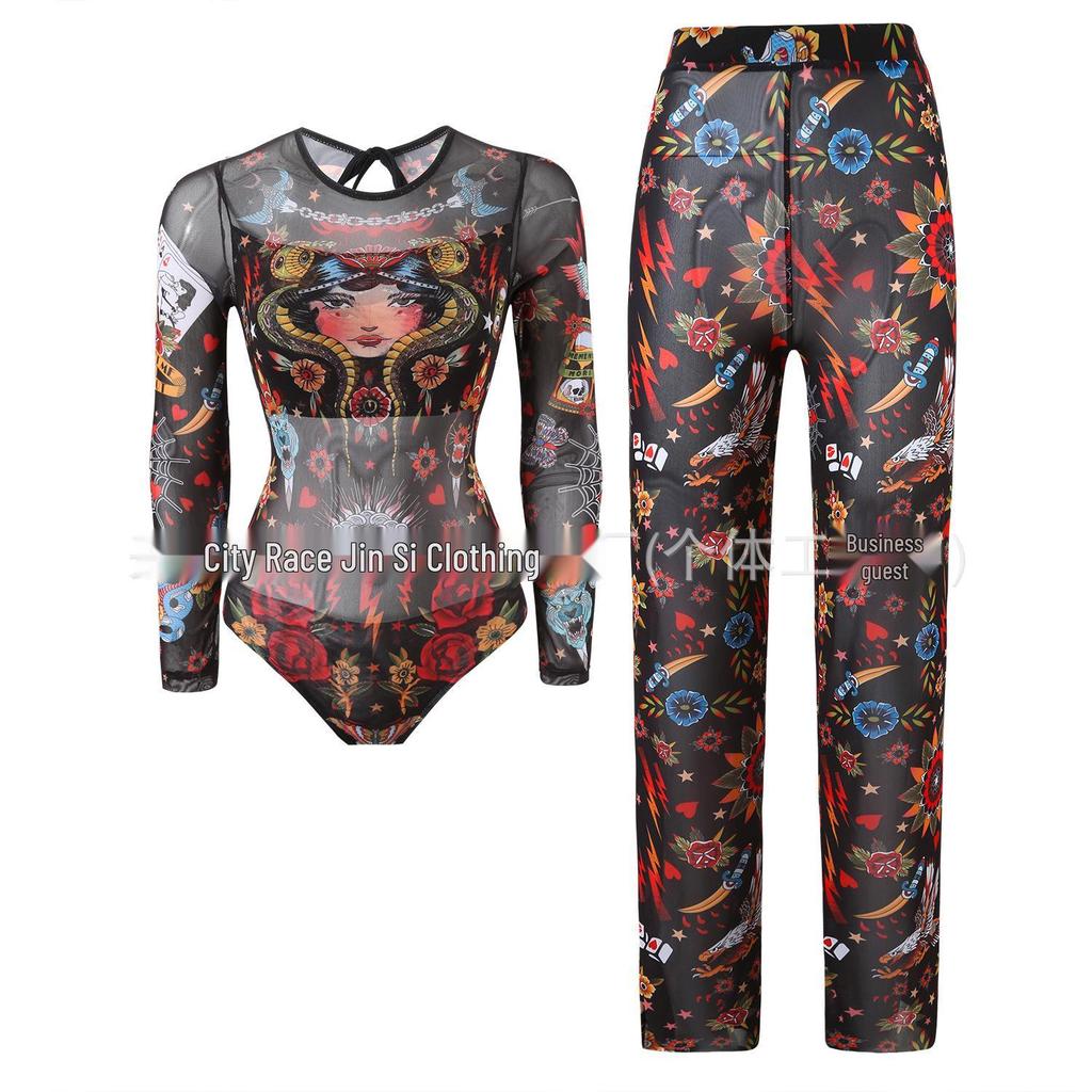 Costume da bagno intero da donna a maniche lunghe in rete con protezione solare e pantaloni
