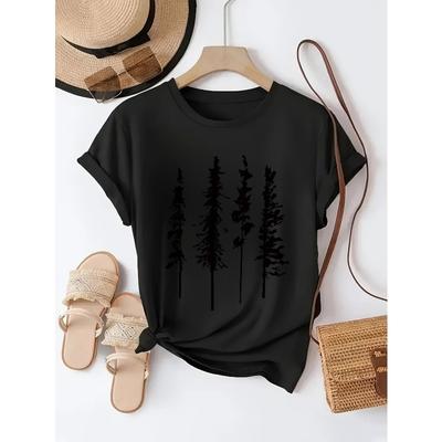 Damen Minimalistisches T-Shirt mit Kiefernbaum-Grafik Schwarzwaldlinien Weiß Lässiges Kurzarm-Oberteil