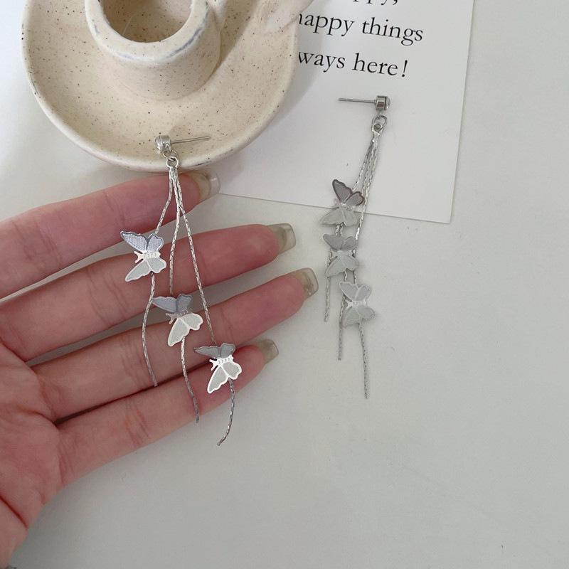 New trendy super fairy fringed butterfly earrings female, temperament long earrings cold wind earrings 925 silver needle