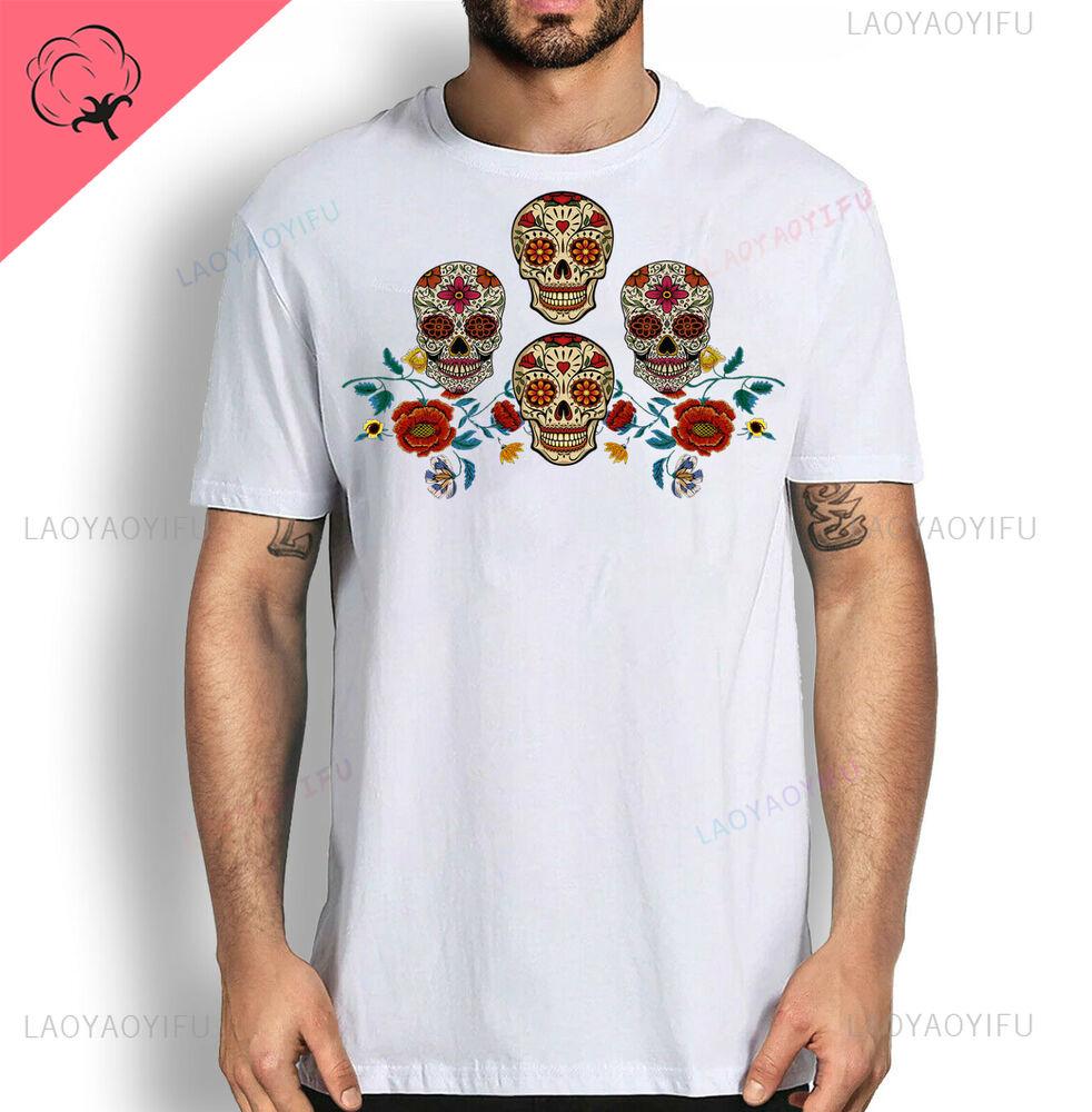 Day of Dead Floral Sugar Skulls Cotton Tee T Shirts Dia De Los Muertos Mens and Womens Graphic Tshirts Y2k Clothes Streetwear