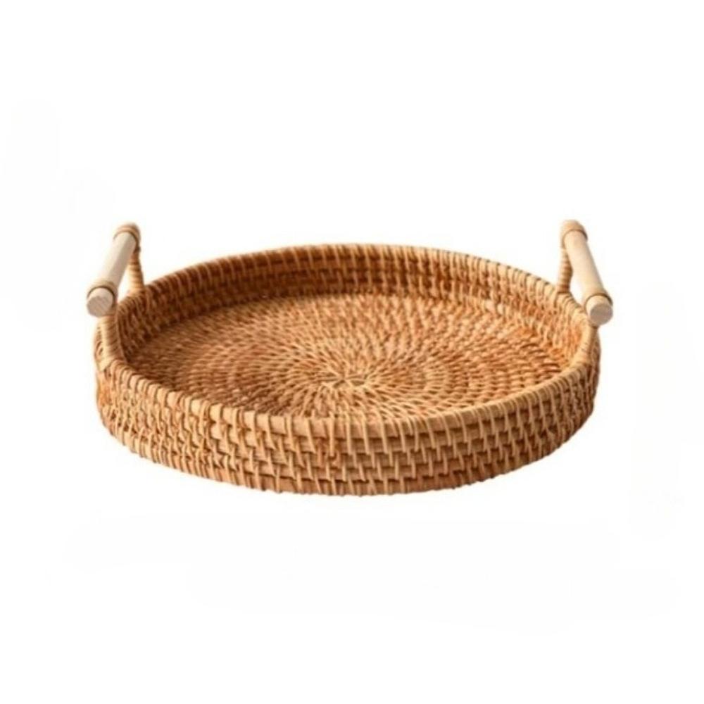 

Rattan Food Serving Basket with Handles Hand Woven Bread Fruit Storage Tray Home Decorative Tray for Coffee Table Kitchen Dining