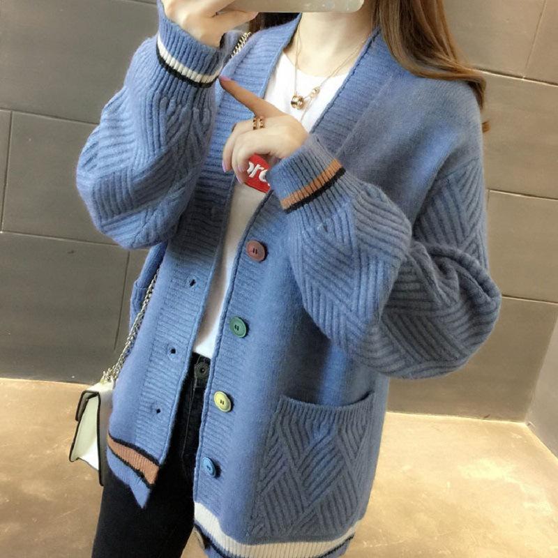 Color Button Knitted Cardigan for Women, Foreign Versatile and Contrasting Colors V-neck Large-size Sweater Cardigan for Women, Loose and Lazy Women