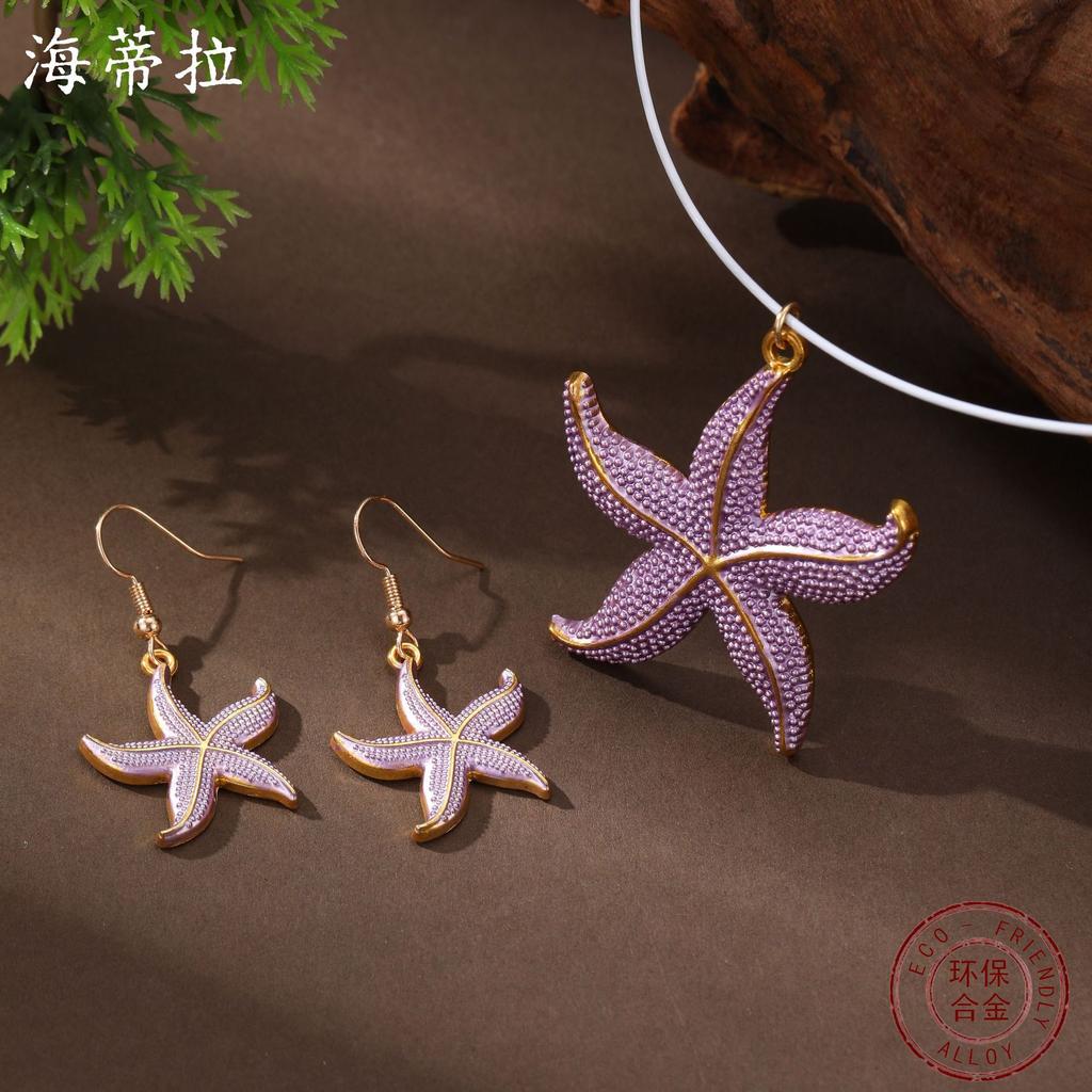 New Enamel Color Starfish Earrings Pendant Set Women's Simple Small Clear Beach Starfish Neck Necklace