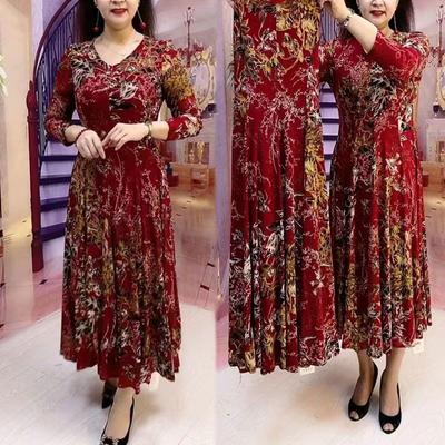 Women's Spring and Autumn Floral V-neck Dress Temperament Long-sleeved Waist Slimming Mid-length Dresses