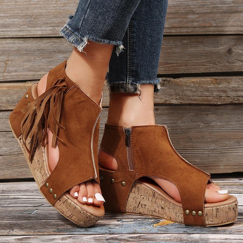 

Tassel new rivet wedge heel fish mouth sandals women s large size waterproof table hollow high heel women s sandals large size 42 темно-коричневого