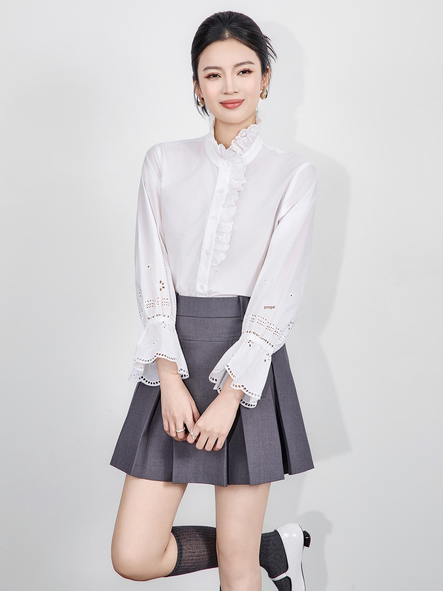 

100% Cotton Romantic Lace Floral Stand Collar Embroidered Hollow Out Shirt XL білий