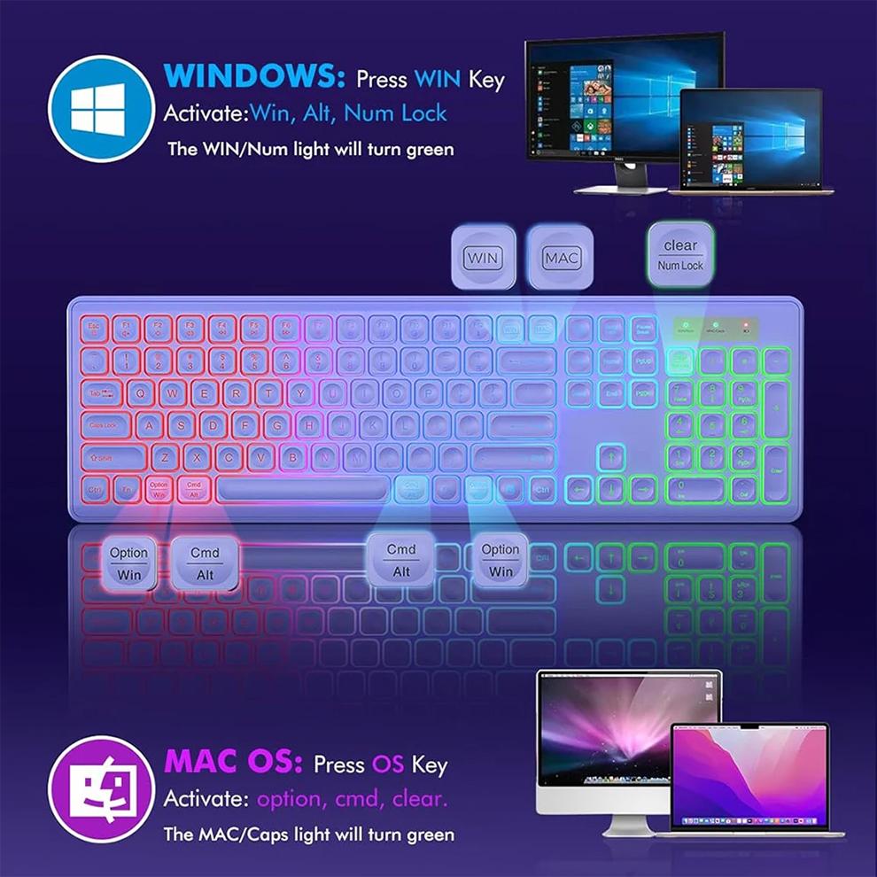 2,4 G kabellose Tastatur-Maus-Kombination, RGB-Hintergrundbeleuchtung, wiederaufladbar, ergonomische kabellose Typ-C-Tastatur in voller Größe