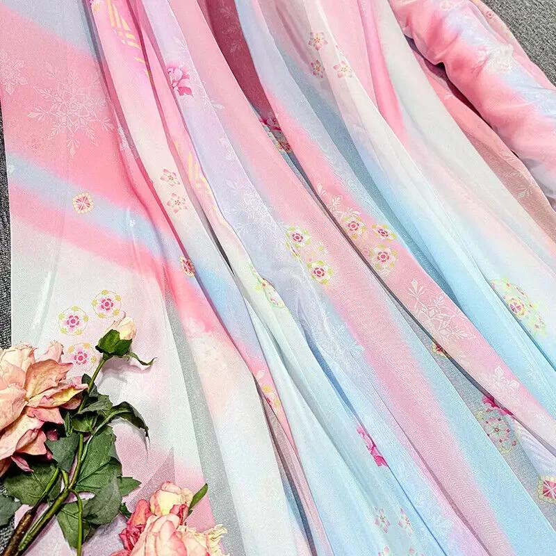 Gradient Color Chiffon Fabric Diy Rainbow Christmas Flowers Print for Hanfu Dress Skirt Shirt Sewing Cloth Sold By The Meter