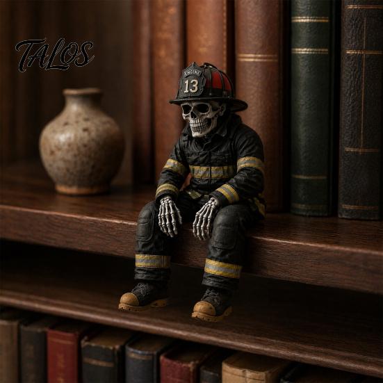 Feuerwehrmann Uniform Replik Skelett Regalhocker Statue, Vintage Harz Figur mit Realistischem Ausrüstung & Abgenutzter Retro Diorama Skulptur Finish, Dunkel