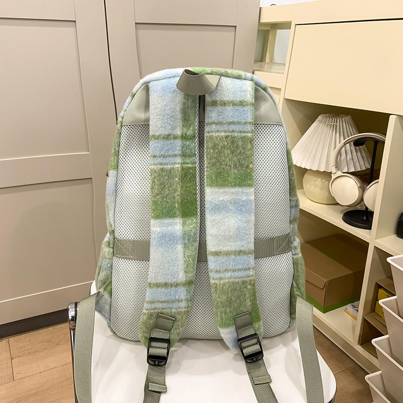 Vlněný kostkovaný studentský školní batoh s velkou kapacitou dámský batoh