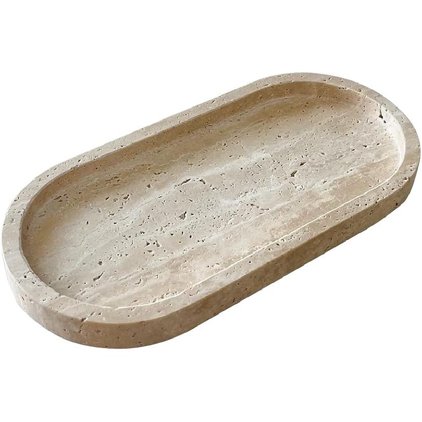 Natural Marble Oval Tray Ornaments Vintage Small Tray Storage Dish for Counter, Vanity, Dresser, Nightstand and Desk (Beige Travertine) Beige Travertine
