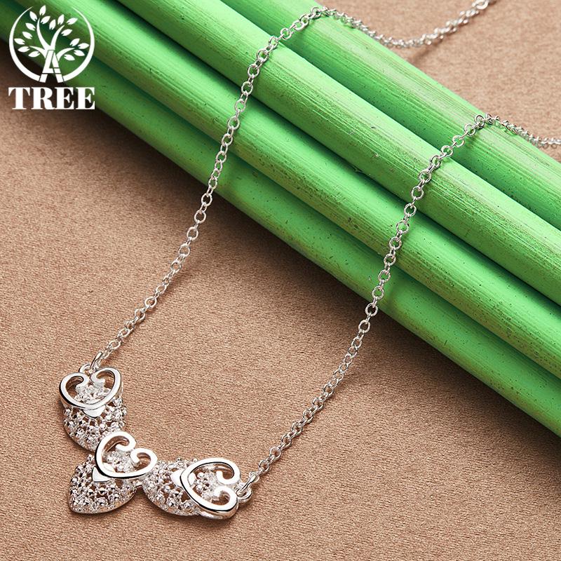 Classic 925 Sterling Silver Three Heart Pendant Necklace Men Women Fashion Charm Jewelry Wedding Party Elegant Gift Accessories