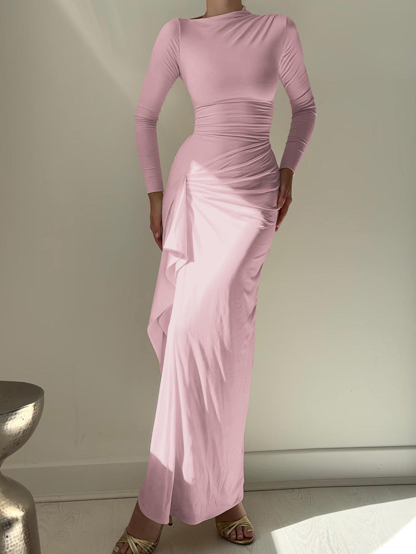 

2025 Європейська та Американська Жіноча Елегантна Однотонна Сукня Бодікон з Розрізом - Осінньо-Зимова Вечірня Сукня з Круглим Вирізом Medium рожевий