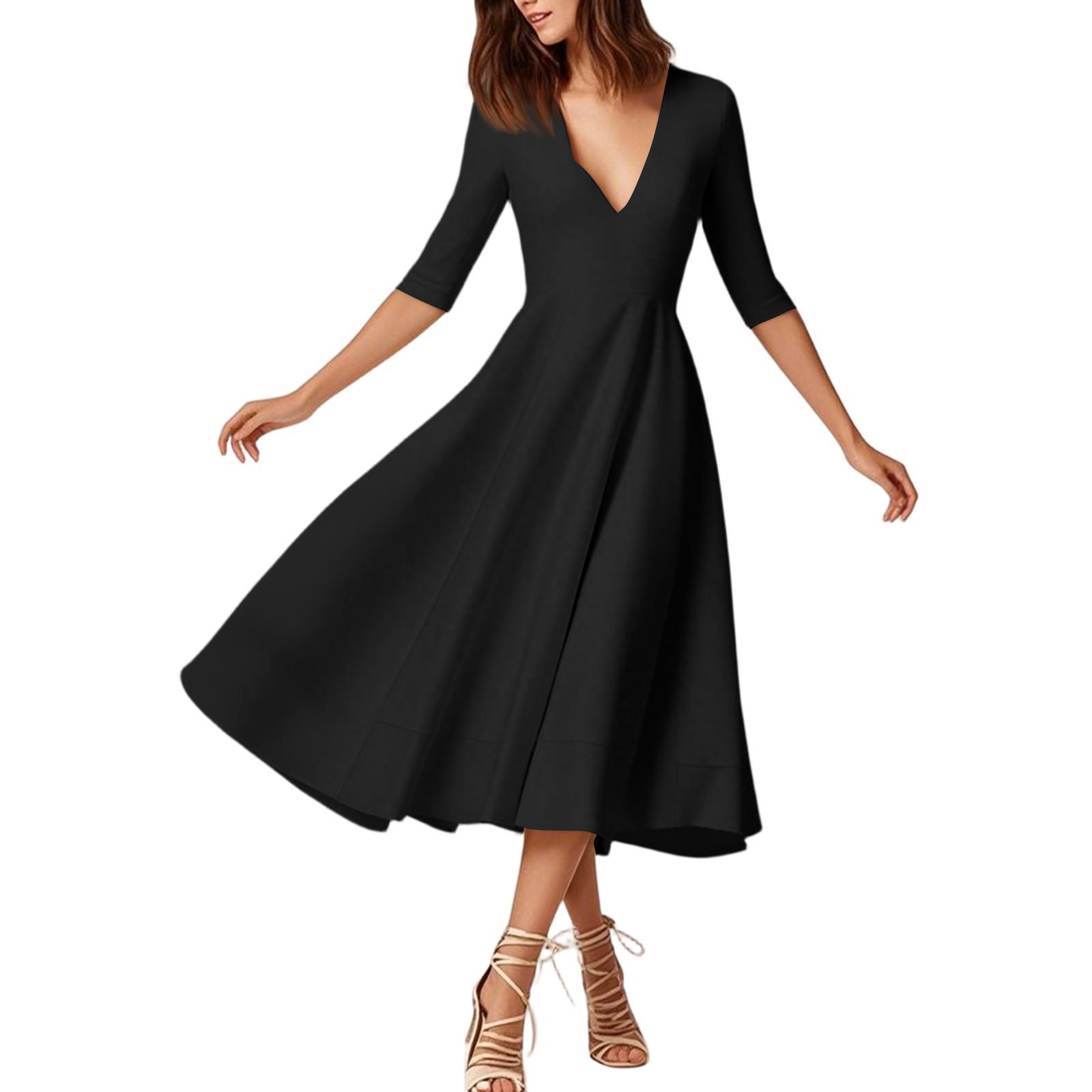 

Женское модное платье средней длины со средним рукавом, сексуальное платье с V-образным вырезом XXL чёрный