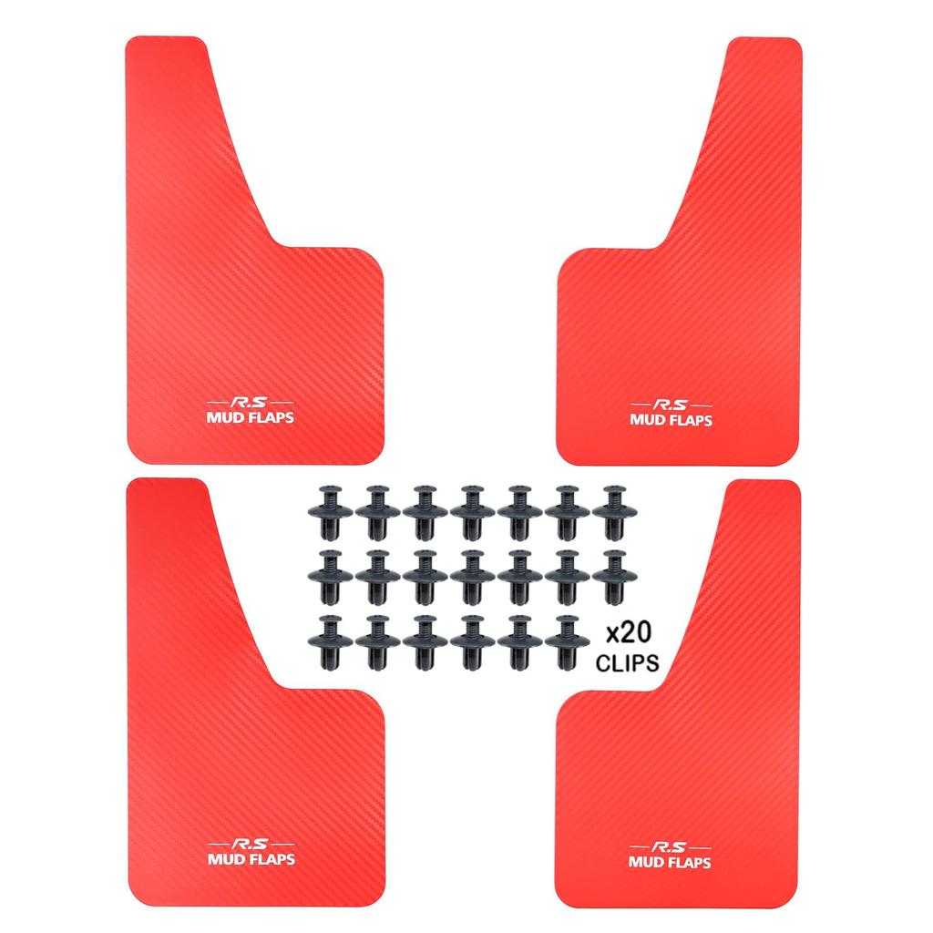 XUKEY Mudguard Flaps, Mud Fenders, Mudguards, Carbon Fiber Pattern, Red with White Lettering, Set of 4, Universal Fit for Toyota, Honda, Mercedes-Benz