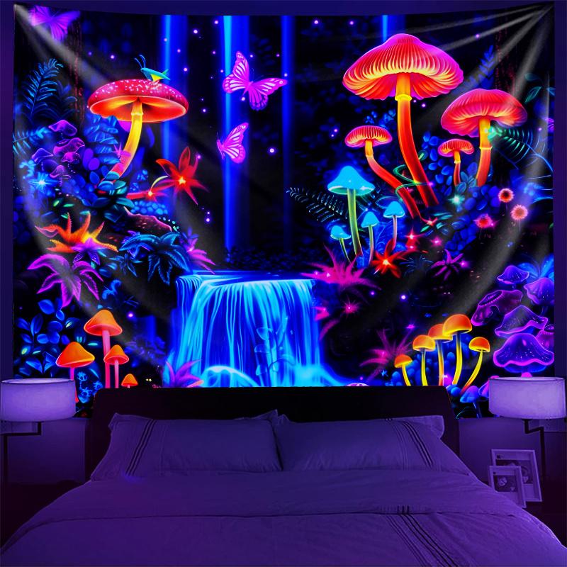 VIKAMA Bohemian Fluorescent Mushroom Waterfall Butterfly Photography Backdrop Wall Hanging Bedroom Wall Decor Tapestry