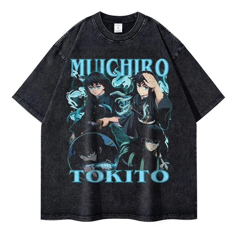 Heißer Verkauf Japan Anime Demon Slayer Nezuko Manga Vintage Gewaschen Kimetsu No Yaiba Grafikdruck T-Shirt Herren Damen Oversized Kurzarm Sommer Neues T-Shirt