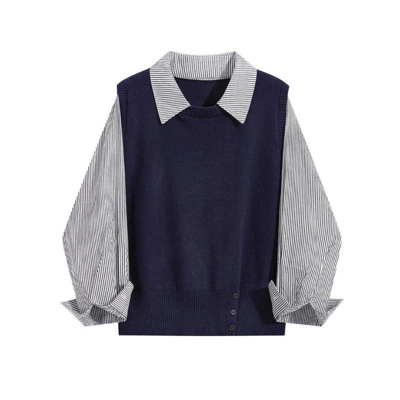 Herbst Winter Koreanischer Pendler-Pullover mit Spleißstreifen, kurzes Oberteil, Polokragen, Fake-Zweiteiler, langärmelig für Damen