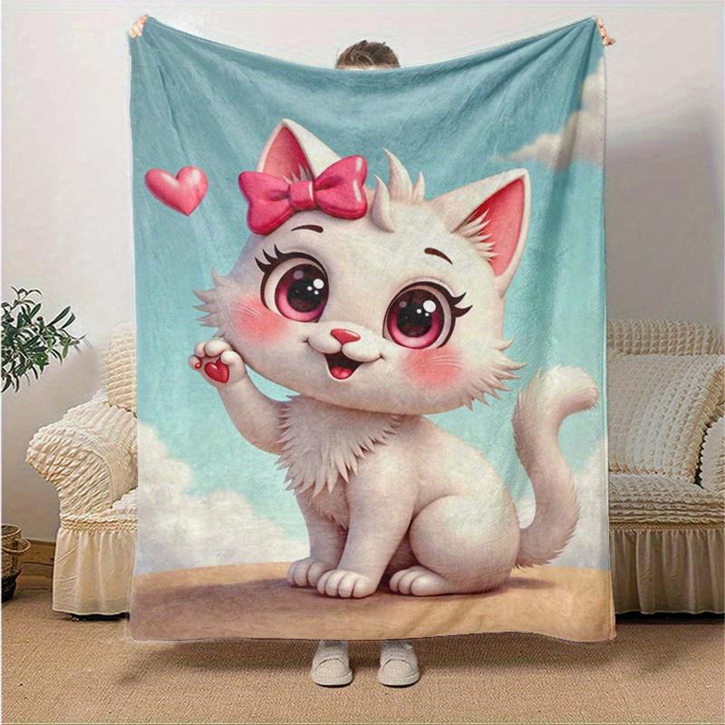 1pc Cute Cartoon Cat with Pink Bow Heart-Shaped Cartoon Blanket, Seasonal Home Decorative Blanket, for All Season Use, Bed, Couch, Office, O