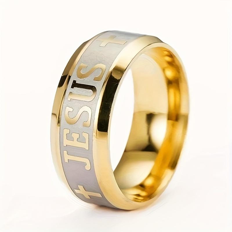 Retro Stainless Steel Ring For Men With Cross And Jesus Engraving - Golden, Durable Metal, Stylish Accessories For A Spirit And Stylish Look