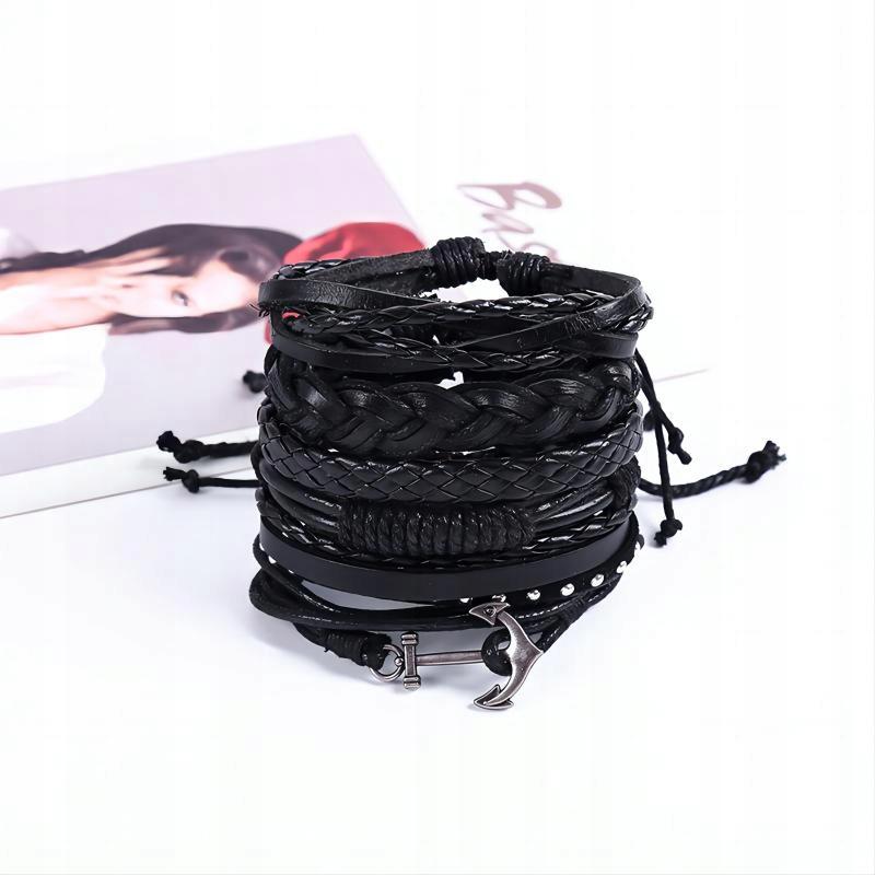 Men's Leather Bracelet, Pu Leather Set, Set Of 6 Pieces, Anchor, Vintage