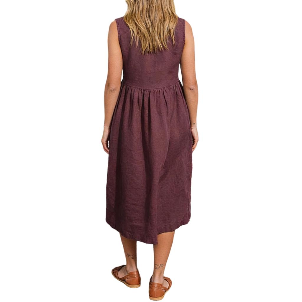 Women's Color Cotton Linen Dress With Sleevesless And Pockets