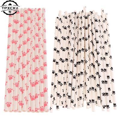 10/25Pcs Dog Cat Paw Print Paper Drinking Straws Black White Birthday Party Supplies Pet Theme Party Decorations For Girls Boys