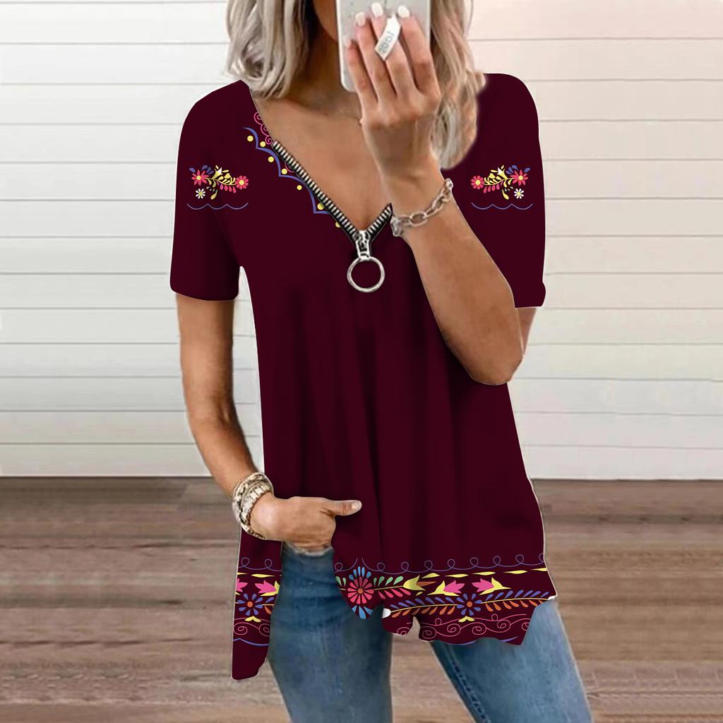 Women's Top Summer New Fashion Brown Flowers Printed Casual Zipper V-neck Short Sleeve Top