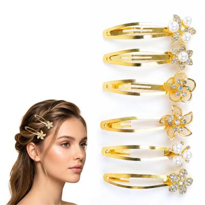 ANNA CREATIONS 6 Pcs Gold Metal Snap Floral Pearl Hair Clips Tic Tac Clips Rhinestone Stylish Non-Slip Wedding Hairclips Hair Accessories for Woman