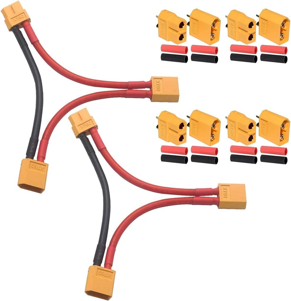 2Pcs XT60 Series Adapter Cable for 2 Lipo with 4 Pairs XT60 Connector – Voltage Increase, Male Female Connectors, for RC Models
